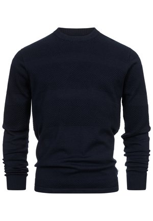 Dunkelblaues Sweatshirt mit einem strukturierten Design und horizontalen Streifenmustern, rundem Halsausschnitt sowie gerippten Bündchen und Saum.