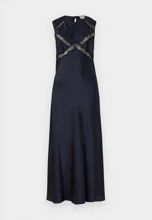 Navy Satin-Langkleid mit rundem Ausschnitt, kurzen Ärmeln und schwarzen Spitzenakzenten, die kreuzweise Muster über das Oberteil bilden. Rückseite mit Schlüssellochdetail.