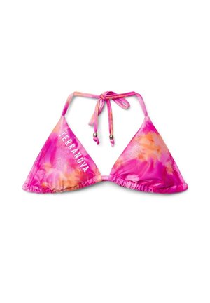 Top bikini triangolare tie-dye rosa e arancione con lacci annodabili al collo e la scritta "TERRANOVA" stampata sulla coppa sinistra.