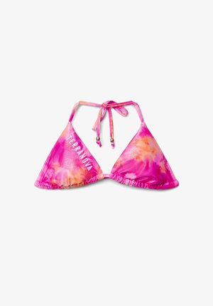 Top bikini triangolare tie-dye rosa e arancione con lacci annodabili al collo e la scritta "TERRANOVA" stampata sulla coppa sinistra.