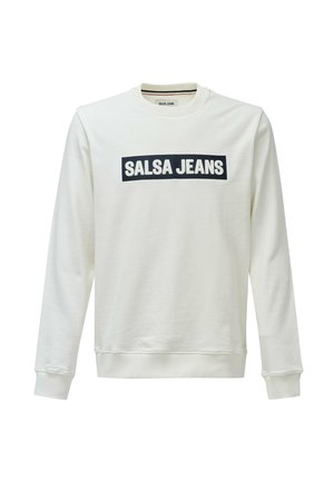 Bijela pamučna dukserica s dugim rukavima i rebrastim manžetama. Na prednjoj strani se nalazi plavi pravokutni logo s natpisom "SALSA JEANS".