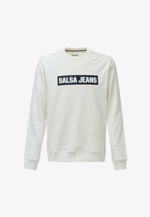 Bijela pamučna dukserica s dugim rukavima i rebrastim manžetama. Na prednjoj strani se nalazi plavi pravokutni logo s natpisom "SALSA JEANS".