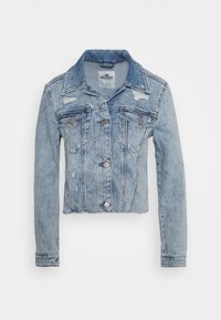 Light blue denim jacket with cropped design, distressed accents, two chest pockets, button closure, and a classic collar.