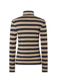 Langarmshirt mit hohem Kragen. Besitzt horizontale Streifen in Marineblau und Beige. Hergestellt aus weichem Stoff, taillierte Passform mit glatter Textur.