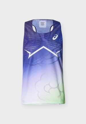 Αμάνικο αθλητικό τοπ Asics με διαβάθμιση χρωμάτων σε μπλε, μοβ και πράσινο, λευκή γεωμετρική γραμμή και διάτρητο αναπνέον ύφασμα.