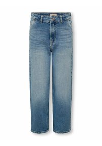 Svjetloplave traperice s ravnim krojem, visokim strukom i kopčanjem na gumbe. Sadrži klasični dizajn s pet džepova i blago izblijedjela mjesta.