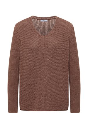 Maglione marrone a maniche lunghe lavorato a maglia con scollo a V e motivo a rilievo, con etichetta "Cecil" all'interno del colletto.