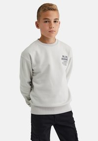 Svetlo šedý crewneck sveter s rebrovanými manžetami a spodným lemom. Na prednej strane sa nachádza nápis "BLUE RIDGE" v tmavomodrom texte. Hladká textúra, voľný strih.