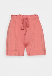 Shorts color corallo realizzati in tessuto morbido; dotati di una cintura elasticizzata con cordoncino e due tasche laterali. Design fluido e casual.