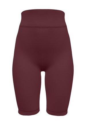 Burgundy högmidjade shorts gjorda av stretchigt tyg, med en slät textur och en figurnära design som sträcker sig till mitten av låret.