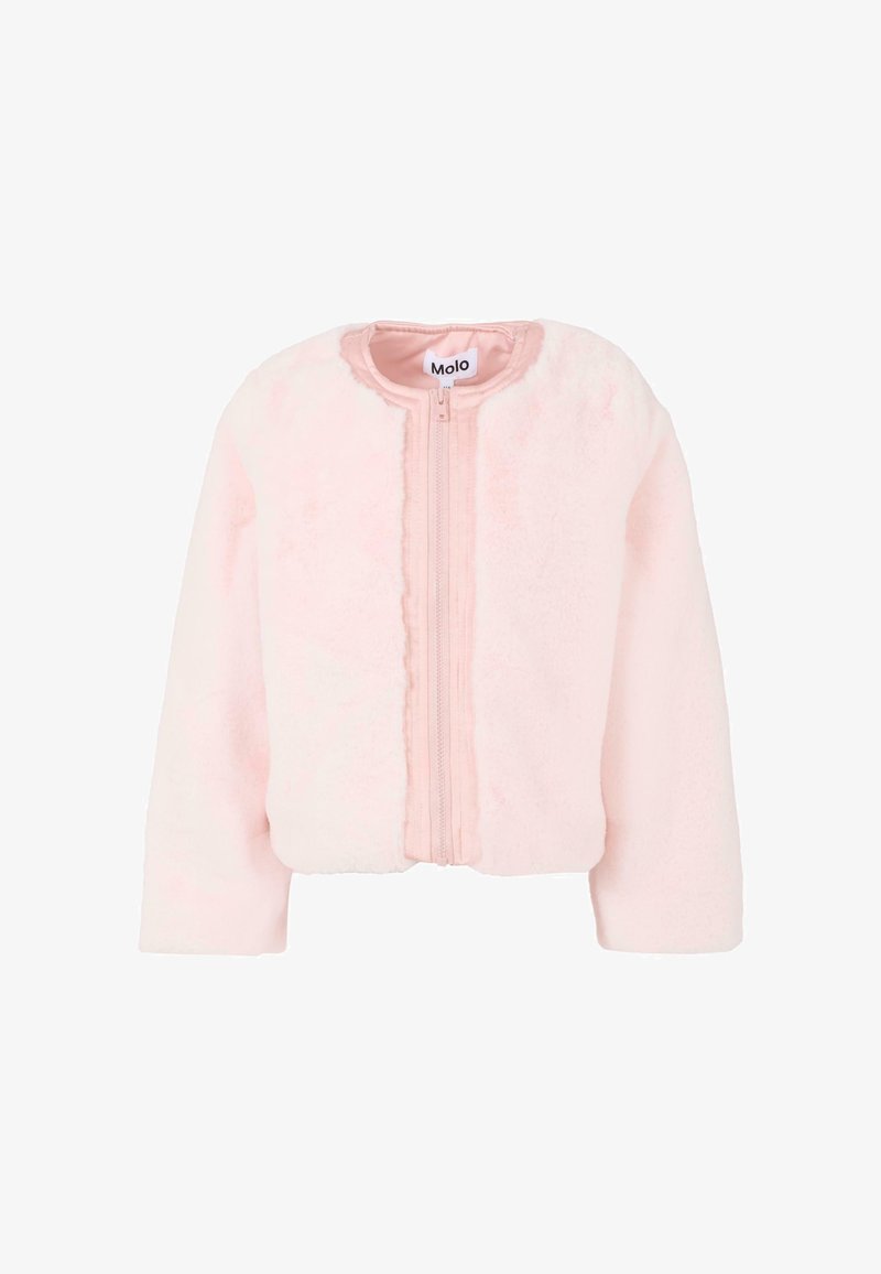 Giacca cropped rosa realizzata in materiale morbido e peloso, con chiusura frontale a zip e scollo rotondo. Maniche lunghe e senza pattern o decorazioni visibili.