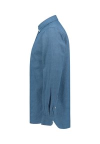 Camicia blu a maniche lunghe con bottone, motivo a piccoli quadretti, polsini abbottonati e colletto classico, vista di lato.