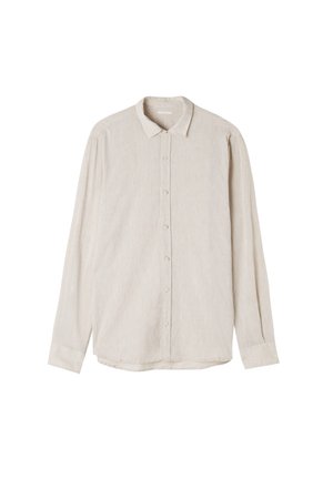 Světle béžová košile s dlouhým rukávem, zapínání na knoflíky, vyrobená z texturované tkaniny, s špičatým límcem a šesti knoflíky vpředu.