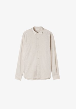 Lichtbeige langwerpige overhemd met lange mouwen, gemaakt van textuurstof, met een puntige kraag en zes knopen aan de voorkant.