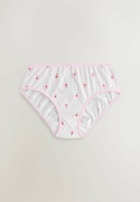 Culottes pour filles rayées blanc et rose clair avec des imprimés de tranche de pastèque et de glace rose, et un petit nœud rose au centre de la taille.