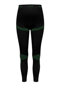 Schwarze Leggings mit grünen, geometrisch gemusterten Akzenten, ausgestattet mit einem breiten Bund und strukturierten Knieeinsätzen für erhöhten Komfort und eine verbesserte Passform.