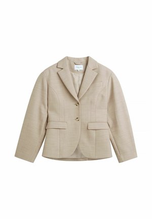 Beige tailored blazer with notch lapels, two buttons, two front flap pockets, and a chest welt pocket, made of textured fabric.