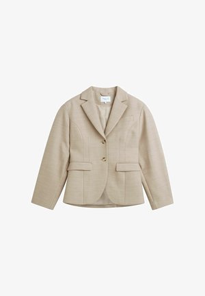 Beige tailored blazer with notch lapels, two buttons, two front flap pockets, and a chest welt pocket, made of textured fabric.