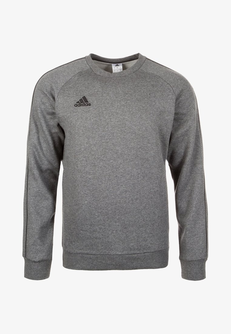 Harmaa fleece-materiaalia oleva collegepaita, jossa on pyöreä pääntie, pitkät hihat ja musta Adidas-logo vasemmassa ylärinnassa.