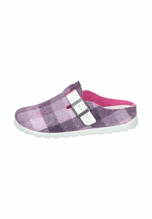Purple and pink plaid slip-on shoe made of felt, featuring a white adjustable strap buckle and a textured white sole.