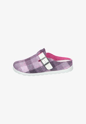Purple and pink plaid slip-on shoe made of felt, featuring a white adjustable strap buckle and a textured white sole.