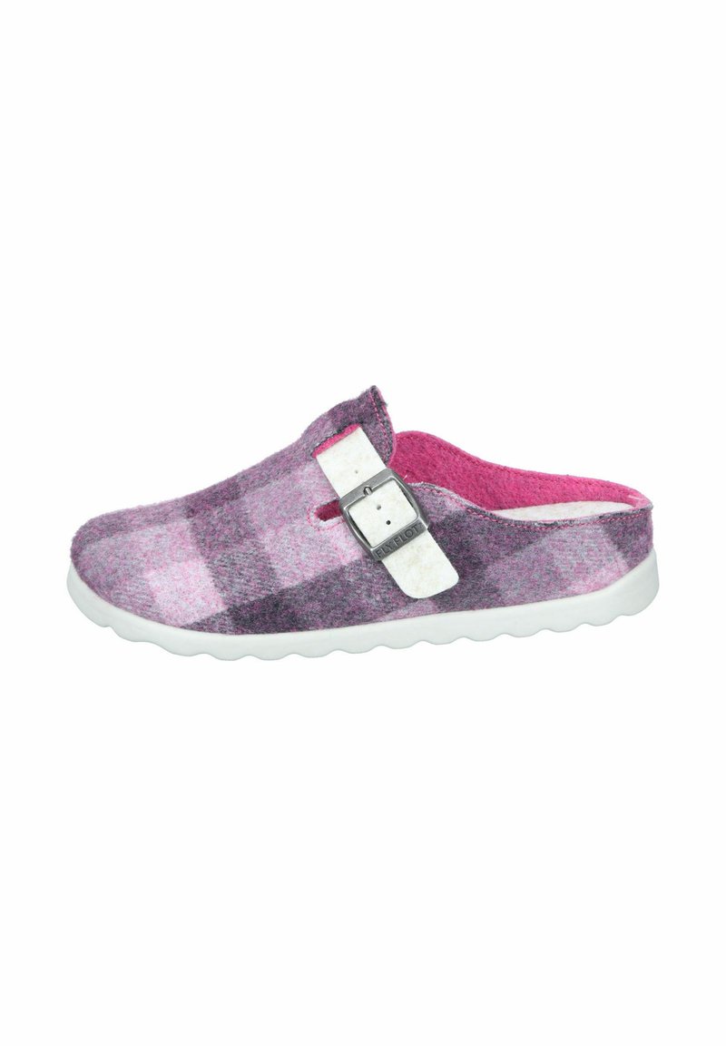Purple and pink plaid slip-on shoe made of felt, featuring a white adjustable strap buckle and a textured white sole.