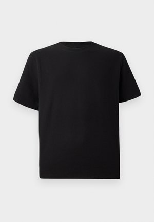 Schwarzes Kurzarm-T-Shirt aus strukturiertem Stoff, mit einem Rundhalsausschnitt und einer lockeren Passform. Einfach, ohne Muster oder Akzente.