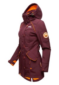 Maroon jacket with orange accents, including a hood, buttons, and pockets. Features a fitted design and contrasting interior lining.