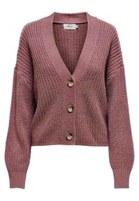 Stickad cardigan i dämpad rosa med V-hals, tre stora knappar, ribbade ärmslut och en looser passform. Har ett strukturerat tygmönster.