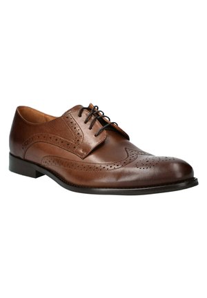 Brązowe skórzane buty eleganckie z detalami w stylu brogue, okrągłym noskiem, czterema oczkami do sznurowania i wypolerowanym wykończeniem. Czarna gumowa podeszwa.