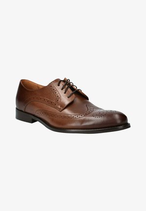 Brązowe skórzane buty eleganckie z detalami w stylu brogue, okrągłym noskiem, czterema oczkami do sznurowania i wypolerowanym wykończeniem. Czarna gumowa podeszwa.