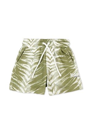 Zielono-białe szorty dla malucha z wzorem, elastycznym pasem, białym sznurkiem, bocznymi kieszeniami oraz białym logo na prawej nogawce.