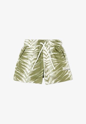 Shorts pour tout-petit à motif vert et blanc avec taille élastique, cordon blanc, poches latérales et texte de logo blanc sur la jambe droite.