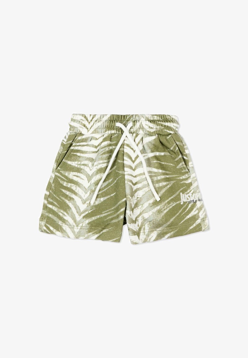 Shorts pour tout-petit à motif vert et blanc avec taille élastique, cordon blanc, poches latérales et texte de logo blanc sur la jambe droite.