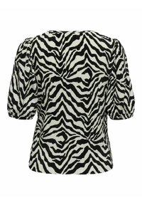 Top s černobílým zebřím vzorem a ribovanou texturou, s krátkými puff rukávy a kulatým výstřihem. Zadní pohled ukazuje kontinuitu vzoru.