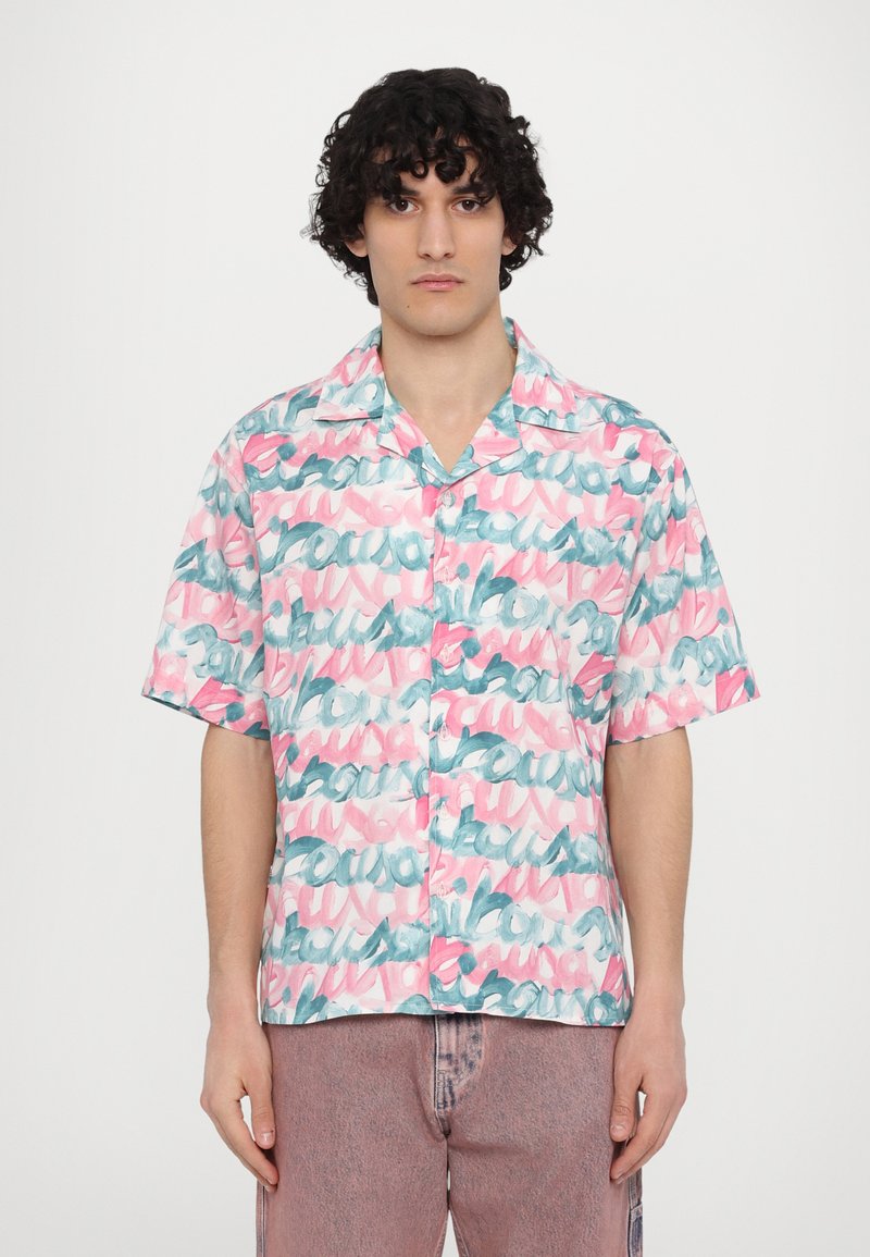 Short-sleeve shirt featuring a pastel pink and teal abstract pattern, made of lightweight fabric with a collared neckline and button closure.
