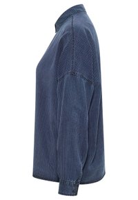 Camisa de manga larga a rayas azules, confeccionada en tejido suave, con cuello puntiagudo, puños abotonados y un corte relajado con costuras laterales.