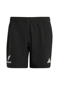 Zwarte sportshorts met een elastische tailleband. Kenmerken zijn witte branding: een varenlogo en Adidas-strepen aan de onderzijden. Glad stof.