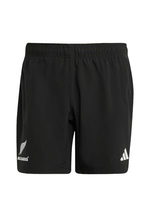 Zwarte sportshorts met een elastische tailleband. Kenmerken zijn witte branding: een varenlogo en Adidas-strepen aan de onderzijden. Glad stof.
