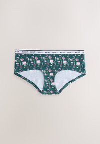Sous-vêtement hipster vert pour femmes avec motif rose de dessert et cocktail et ceinture blanche avec texte noir répété "NEXT".