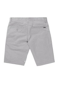 Gray shorts with a subtle texture, featuring two back pockets, button closures, and a logo tag on the right side. Clean cut and knee-length.