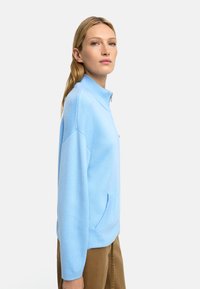 Jasnoniebieska bluza zapinana na zamek, miękka w dotyku, z wysokim kołnierzem, boczną kieszenią, luźny krój, długie rękawy. Połączona z brązowymi spodniami.