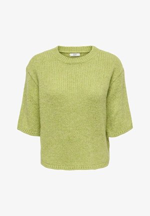 Suéter corto de manga corta en verde claro, hecho de una tela de punto texturizada. Presenta un escote redondo y un ajuste relajado y ancho.