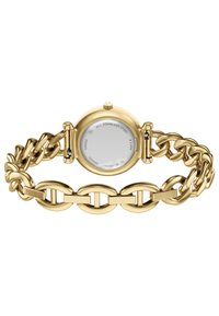 Gouden roestvrijstalen horloge met een ronde kast en een chunky schakelarmband ontwerp. Heeft een gladde gepolijste oppervlakte en een schone witte wijzerplaat.