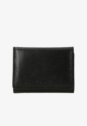 Black leather wallet with embossed logo on front, rectangular shape, and visible stitching along edges.