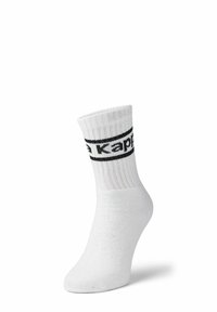 Fehér sportzokni bordázott szerkezettel, magas bokáig érő, fekete kör alakú szalaggal, rajta a "Kappa" logóval.