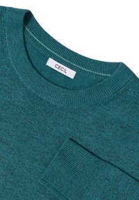 Skarpetka crewneck w kolorze teal z ribbowanymi mankietami i dolnym brzegiem. Posiada małą kieszonkę na piersi. Miękki, teksturowany materiał z delikatnym melanżowym wzorem.