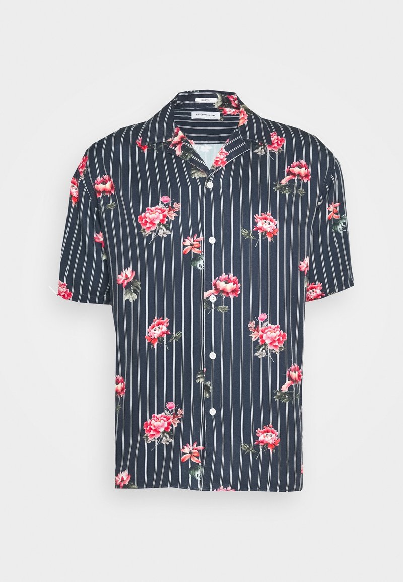 Kortärmad skjorta i marinblått med vertikala vita ränder, prydd med röda och rosa blommönster, krage och fransk knäppning.