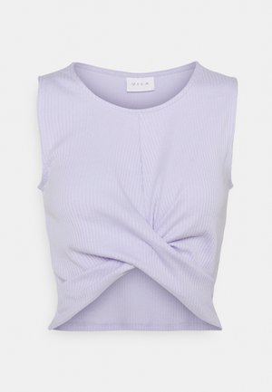 Fioletowy bezrękawnik z prążkowanego materiału, krótki, z okrągłym dekoltem i przednim wiązaniem.