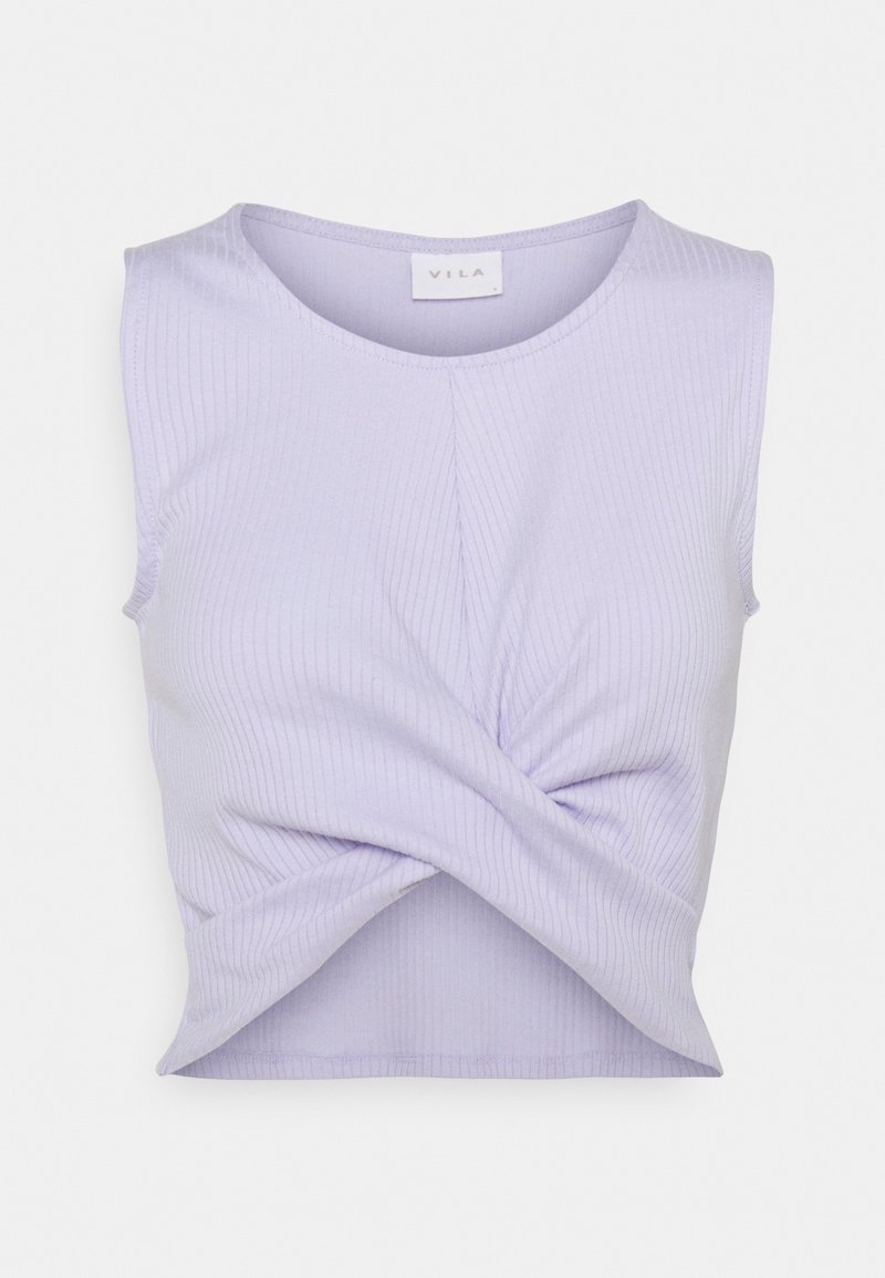 Haut court lilas côtelé sans manches avec encolure ronde et détail torsadé à l'avant.